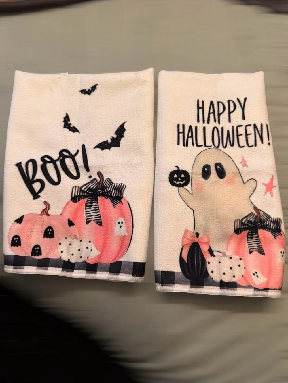 Set of 2 Pink Pumpkin Ghost Halloween Hand Towels Spooky Decor